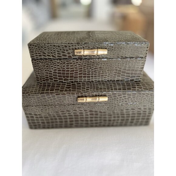 S/2 Vegan Crocodile Decorative Boxes Olive Green Jewelry Storage Lined Home NICE - Picture 4 of 16